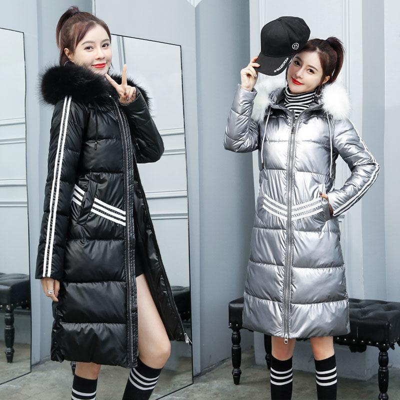 High-end Shiny Parka Jacket Winter Women's Long Slim Padded Jacket Thicken Waterproof Hooded Parka Coat with Faux Fur Collar