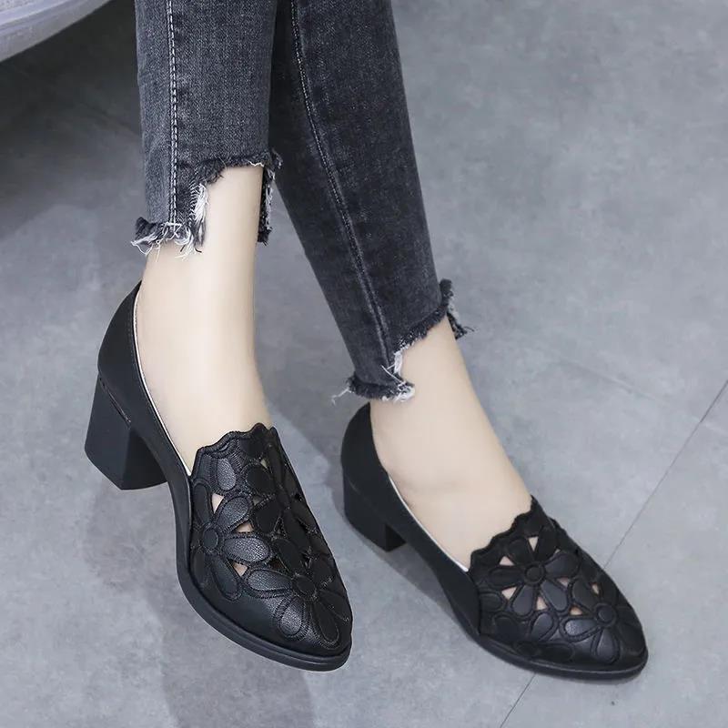 Women's Single Shoes Hollow Breathable Embroidered Four Seasons Ladies Shoes Thick Heel Soft Sole Work Shoes