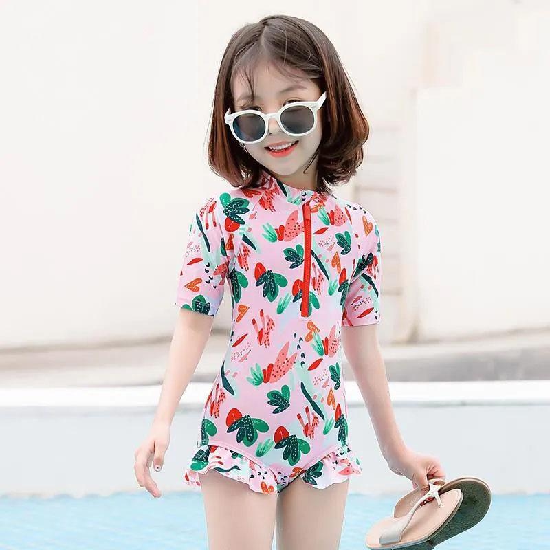 Baby Girls Flower Printed Swimsuit Summer One Piece Bikini Swimming Suit Kids Baby Short Sleeve Lotus Leaf Sleeve Quick Dry Beachsuit