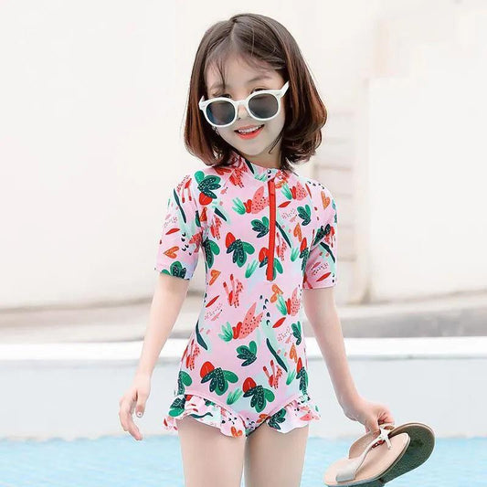 Baby Girls Flower Printed Swimsuit Summer One Piece Bikini Swimming Suit Kids Baby Short Sleeve Lotus Leaf Sleeve Quick Dry Beachsuit