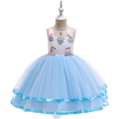 Kids Unicorn Dress for Girls Flower Appliques Ball Gown Little Girl Princess Dresses Elegant Party Costumes Children Clothing