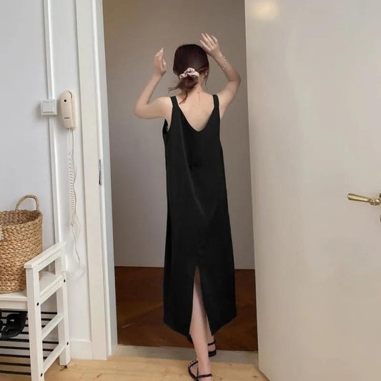 Black Split Fork Chiffon Sling Dress Women's Large Size Mid-length Basic Base Skirt  Sexy Soft and Comfortable