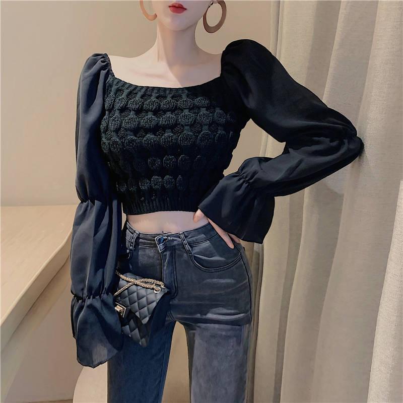 Pofulove Sexy Strapless Pullover Long-Sleeve Short Sweater Women Open Navel Slim Waist Knitwear