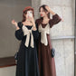 Autumn and Winter Solid Color Lantern Sleeve Square Collar Design Large Cute Bow Mid Length Long Sleeve Dress