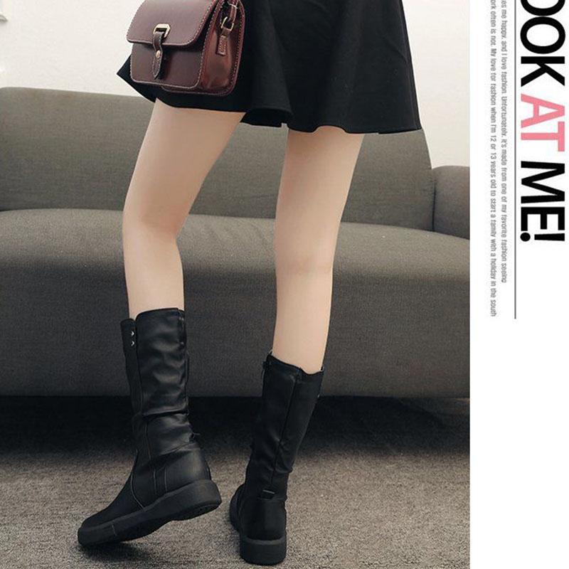 Women's PU Martin Boots Autumn Winter Flat Boots Plus Velvet Knight's Style Boots  Zipper Leather Shoes