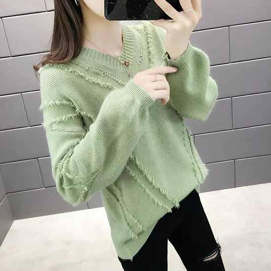 Pofulove Long Sleeve Tassel Sweater Solid Color V-neck Loose Thicken Bottoming Knitwear Jumper Top