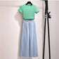 Women Casual Tops Pant 2 Piece Suit Summer Knitted Striped T-shirt Jeans Two-piece