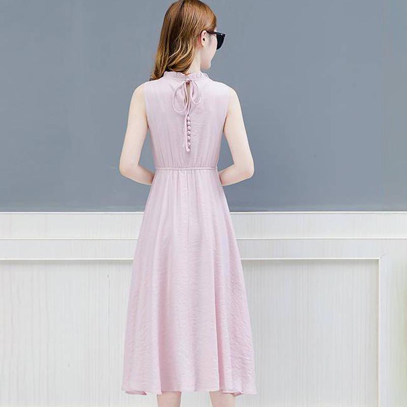 Womens Dress Summer Solid Color Pleated Chiffon Sleeveless Elasticated Belted Party Dress Womens