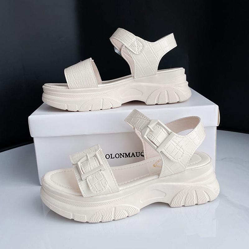 Sandals Women's Summer All-match Flat Shoes Non-slip Thick-soled Ladies Roman Shoes Black Glossy Simple Sports Casual Sandals