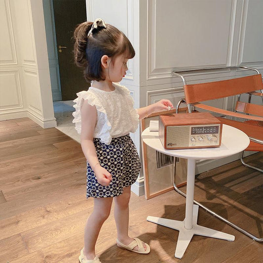 Girls' Summer Dress Foreign Style Shirt Baby Girl Round Neck Flower Shirt Korean Lace Sleeveless Top