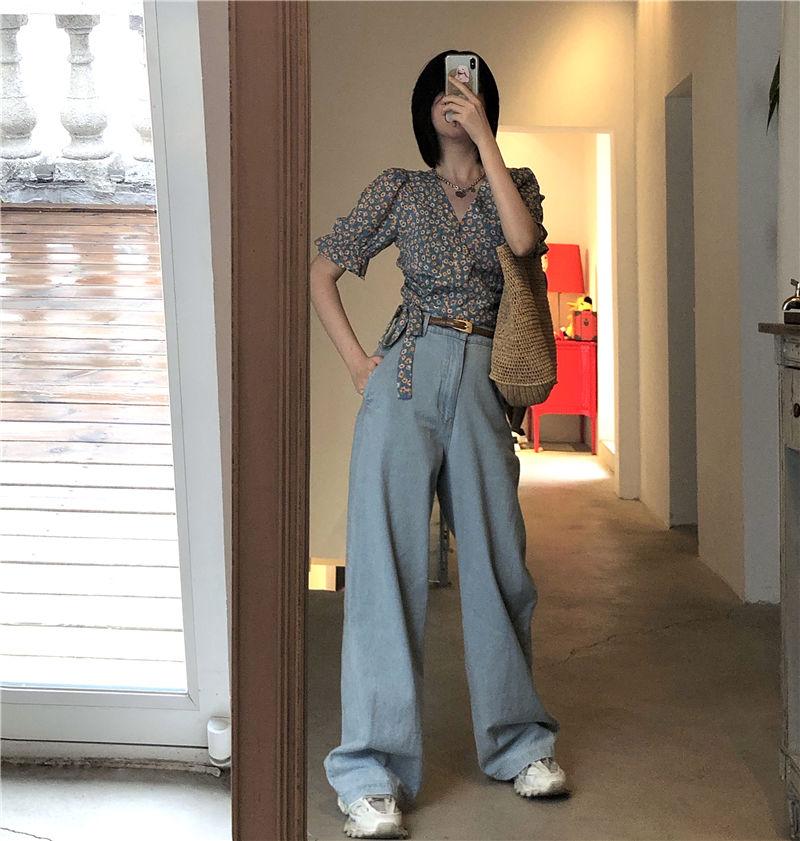 Puff Sleeve Floral Short-sleeved Chiffon Shirt Women's Summer Korean Design High-waist Short Top