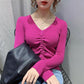 V-neck Slim Long-sleeved Knit Bottoming Shirt Women Drawstring Ladies Sweater Short Tights