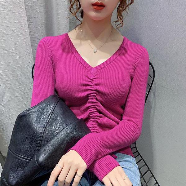 V-neck Slim Long-sleeved Knit Bottoming Shirt Women Drawstring Ladies Sweater Short Tights