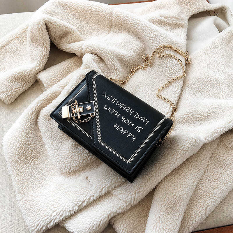 Women PU Box Bag Chain Letters Clutch Purse Shoulder Crossbody Bags Contrasting Color Stitching Design