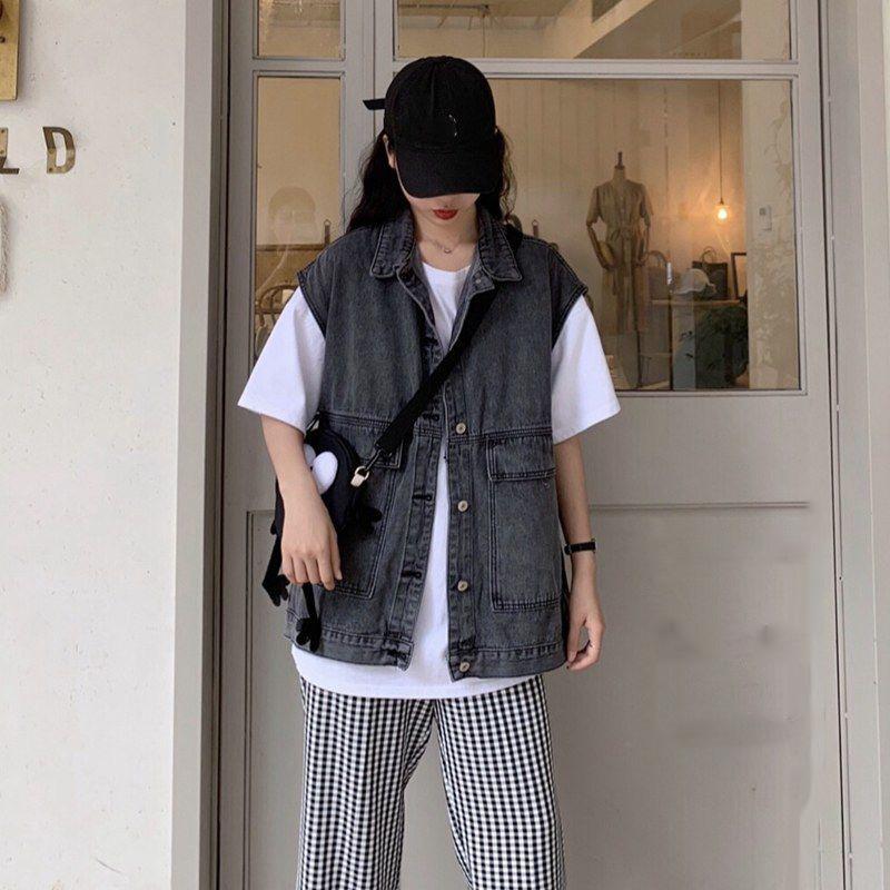 Solid Color Women's Denim Vest Sleeveless Spring and Summer Loose Casual Coat Big Pocket