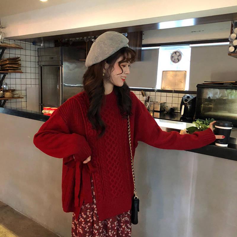 Pofulove Lace Up Split Sweater Round Neck Twist Vintage Loose Long-sleeved Knitted Sweater Women