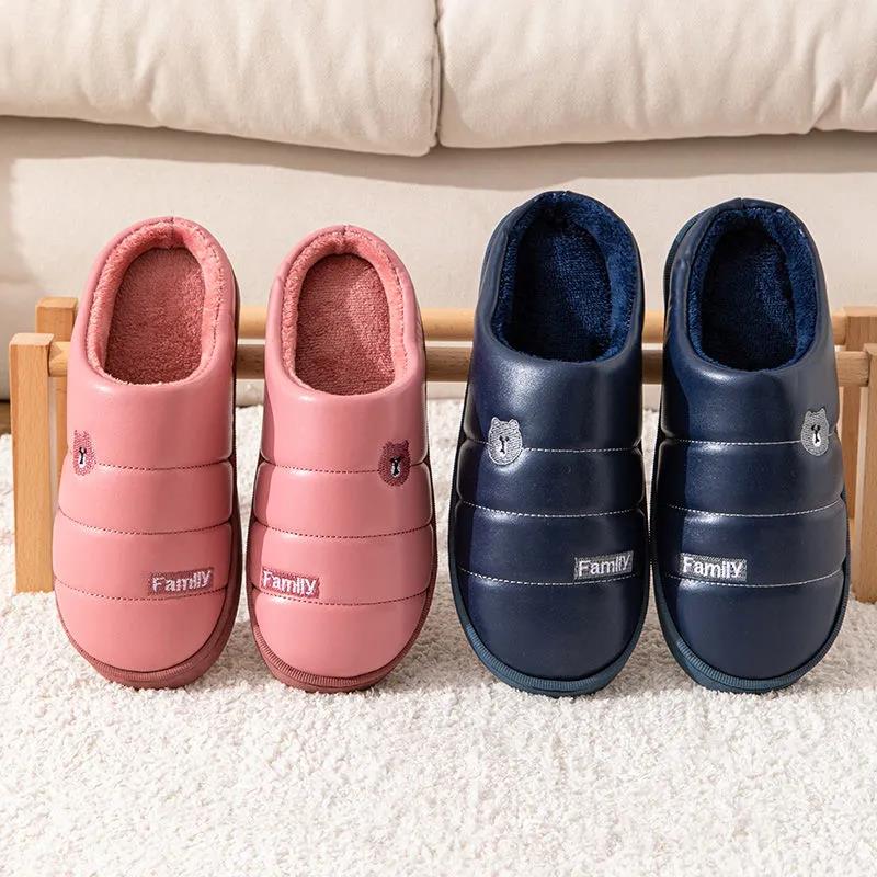 Cotton Slippers Women Winter Indoor Thick-soled Anti-skid Home Couple Models PU Surface Waterproof Warm and Velvet Slippers Men's Slippers