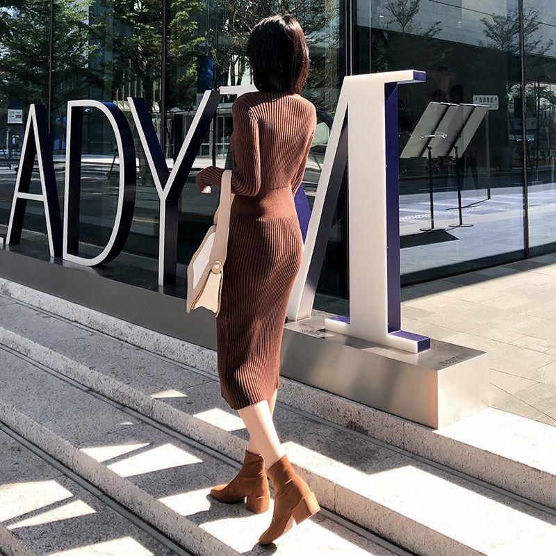 Autumn and Winter Fashion Padded V-neck Ladies Dress Mid-length Over-the-knee Bag Hip Skirt Bottoming Knit Sweater Skirt