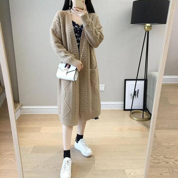 Autumn and Winter Casual Pocket Coat Mid-length Loose Long-sleeved Sweater Solid Color Twist V-neck Cardigan