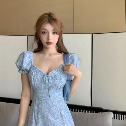 Summer Tight-fitting Short Skirt French Retro Floral Square Collar Waist Floral Skirt Female Puff Sleeve Dress