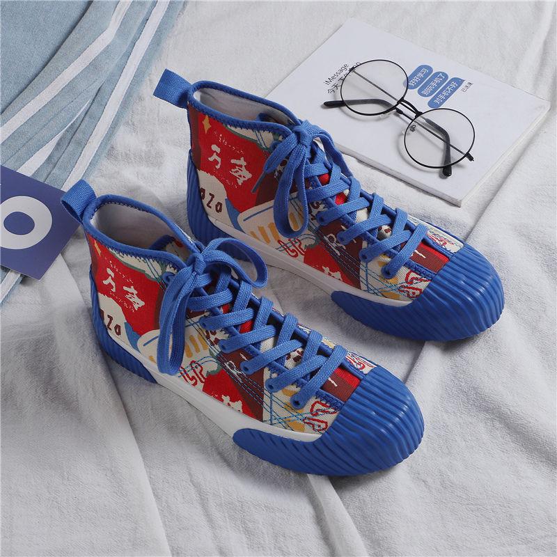 High-top Canvas Shoes Women's Shoes 2020 Canvas Shoes Blue Wild Retro Ins Hand-painted Printing Graffiti Shoes