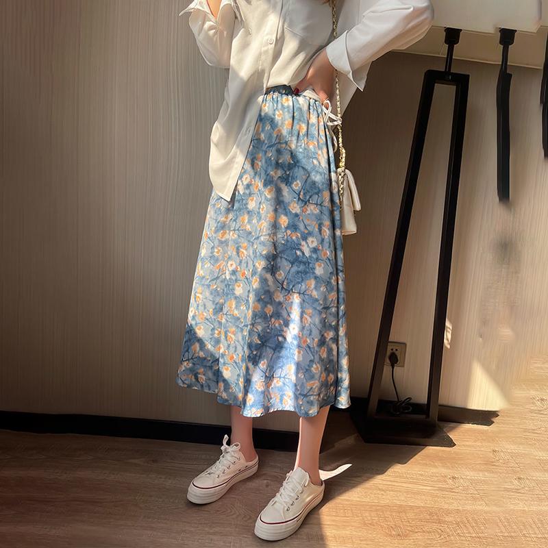 Oil Painting Style Floral Skirt Women's Mid-length High-waist Elastic Waist Large Skirt A-line Skirt Slim Slimming Thin Fabric Light and Breathable