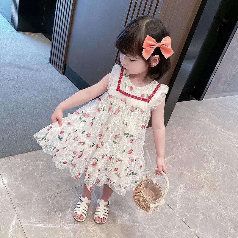 Baby Girl Cute Cherry Girl Dress Baby Summer Vest Skirt Sweet Embroidery Mesh Princess Dress Tutu Skirt Sleeveless A-line Dress