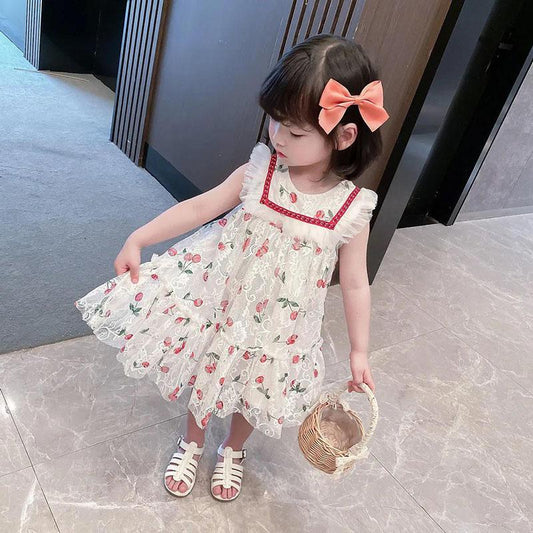 Baby Girl Cute Cherry Girl Dress Baby Summer Vest Skirt Sweet Embroidery Mesh Princess Dress Tutu Skirt Sleeveless A-line Dress