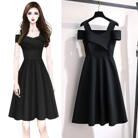 Large Size Women's Temperament Dress Female Cover Belly Thin Waist Skirt Female A-line Version Waist Thinner Off-shoulder Strap Dress