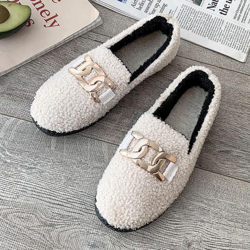 Plus Velvet Thick Plush Shoes Women Korean Version of All-match One-step Shoes Flat Non-slip Winter Warm Cotton Shoes