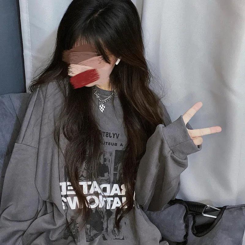 Women's Spring and Autumn Harajuku Style Round Neck Sweater Student Korean Version Loose Ins Long-sleeved Top Ladies Casual Loose Pullover Shirt Top