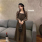 French Dress Korean Style Mid-length Long-sleeved Square Neckline Mesh  Receiving Waist Slim Skirt