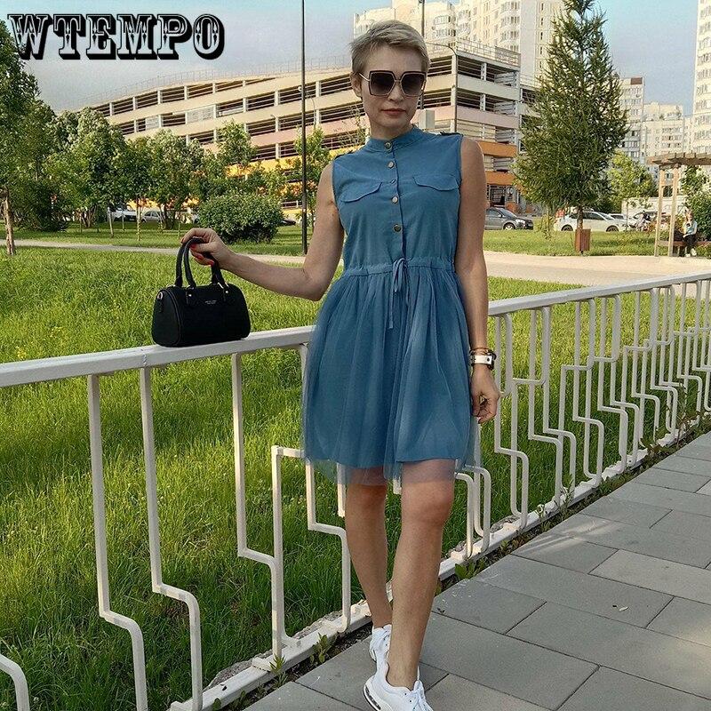 Korean Dresses Women Pink Summer Net Yarn Hem Sleeveless Midi Shirt Dress Drawstring Belt Slim Blouse Girl Uniform Casual Dress