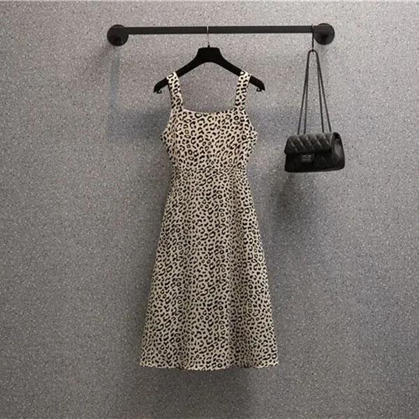 Plus Size Women's Short Sleeve Dress Set Women Summer Suit Floral Dress Suspender Blazer Two Pieces Sling Leopard Print Floral Top Skirt Set