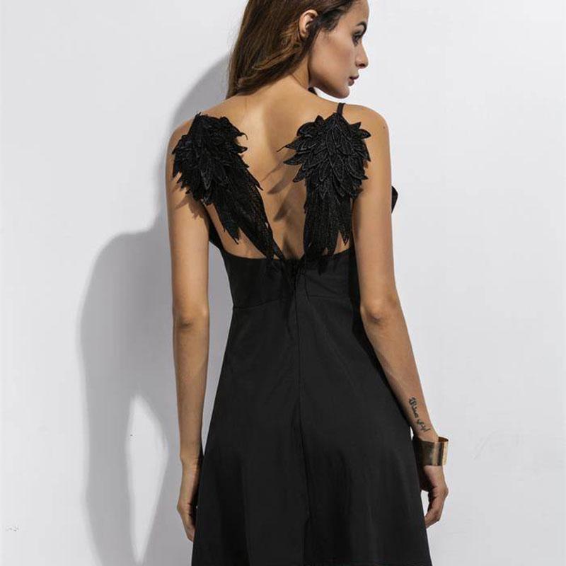 Fashion Sexy Black Lace Wings Backless Spaghetti Strap Dress Sleeveless Fitted Dress Summer Dresses