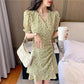 Women's Summer Floral Dress V-neck Slim Puff Sleeve Skirt