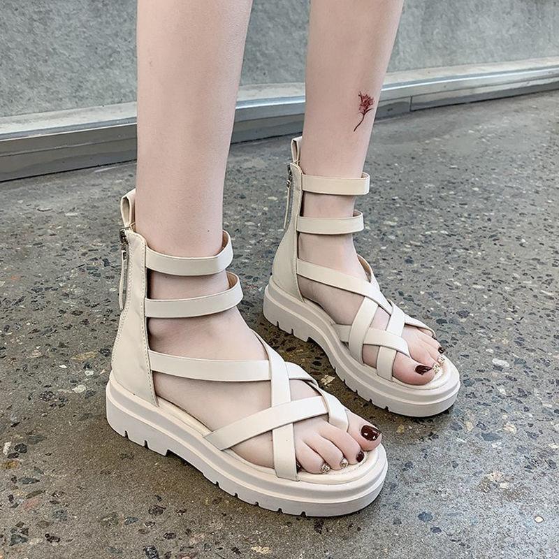 Net Red Women's Spring and Summer Sandals Flip Toe Platform Platform Women's Shoes Back Zipper Roman High Cutout Sandals