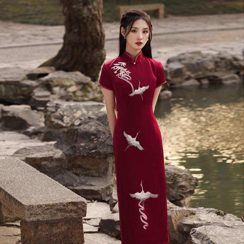 Elegant Dress Retro Chinese Style Cheongsam Summer Short-sleeved Chinese Style Retro Improved Long Daily Dress Slim Sexy