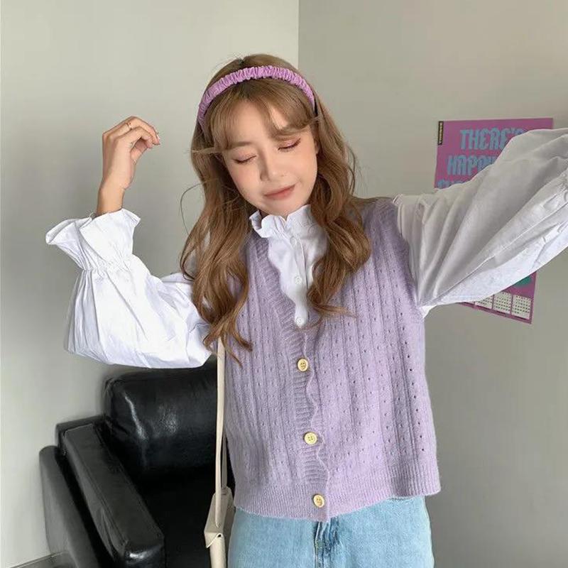 Wool Knitted Vest Women's Vest Spring and Autumn Loose Short Wave Side Single-breasted Hollow Sweater Small Cardigan