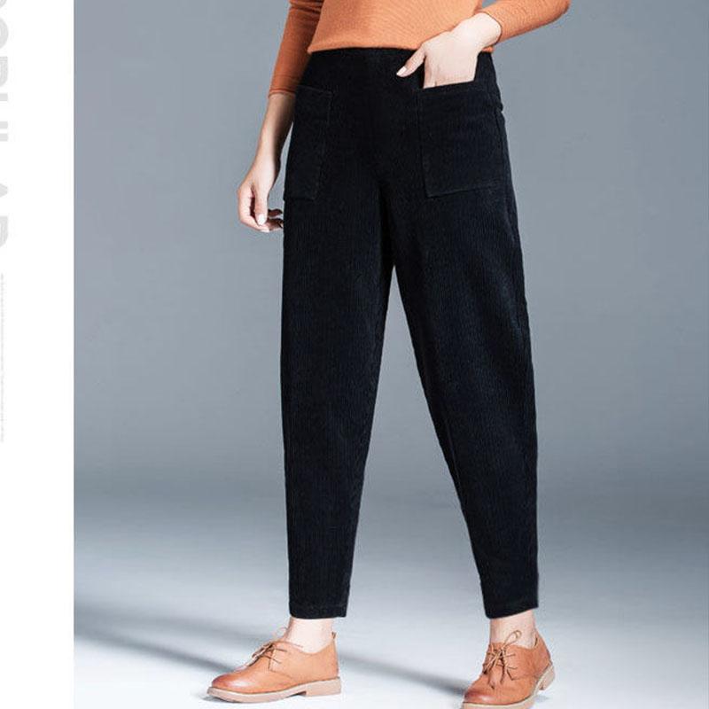 Plus Velvet Autumn and Winter Corduroy Pants Radish Pants Plus Velvet Stretch Loose Deep Pocket Women's Trousers Large Size Was Thin