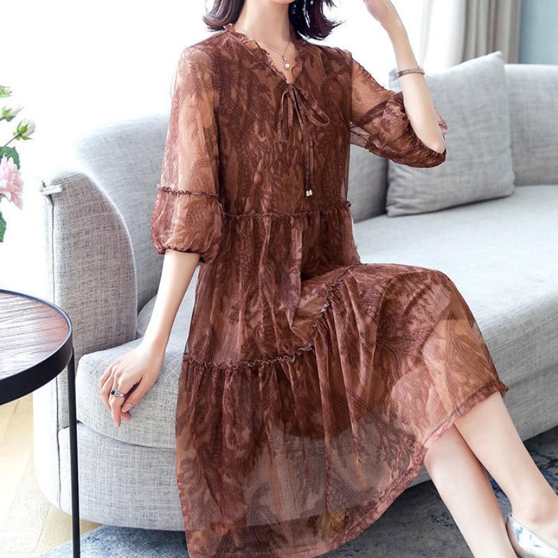 Sweet Little Floral Round Neck Tie Long Sleeve Chiffon Ladies Dress Summer Fashion Temperament High Quality Color Dress