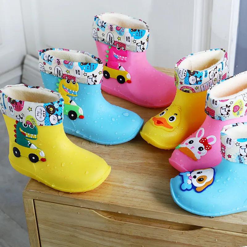 Rain Boots for Kid Plush Warm Winter Rain Shoes Child Cartoon Waterproof Rainboots