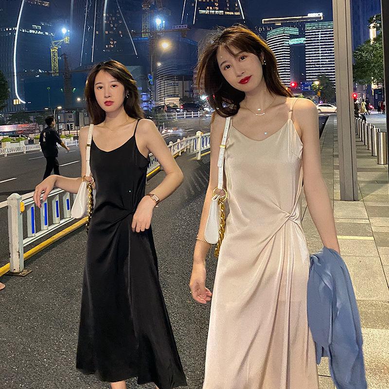 Summer Women Sleeveless Suspender Dress V-neck Silk Long Braces Skirt