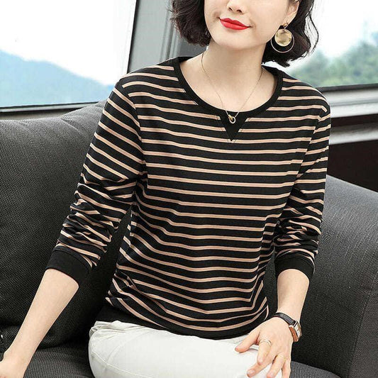 Casual Roung Neck Top Striped T-Shirt 2020 Spring Tshirt Loose Woman Clothes Womens Long Sleeve Tops Cotton Bottom Shirt Women Tee Shirt Femme