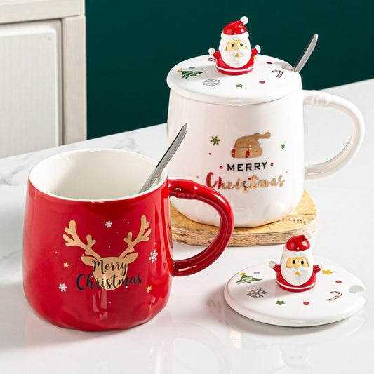 Christmas Mug  Pine Elk Printed Cartoon Water Bottle with Cover and Spoon  New Colorful Festival Household Ceramic Coffee Cup