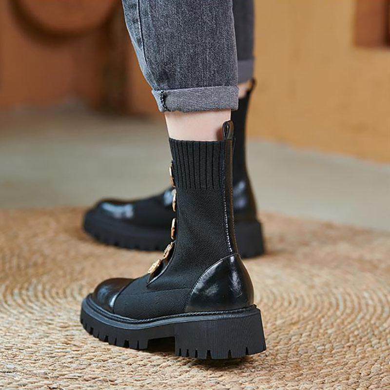 Martin Boots Women Autumn and Winter Thick-heeled Elastic Stockings Boots Mid-heel Knitted British Style Short Boots Women