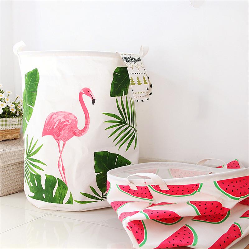 FullLove 40*50cm Ins Style Laundry Basket Linen Flamingo Print Books Dirty Clothes Toys Organizer Ho