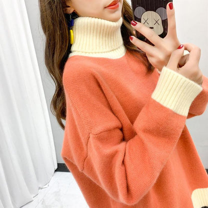 Pofulove Turtleneck Women Pullover Winter Loose Thick Padded Short Bottoming Shirt Sweater Women