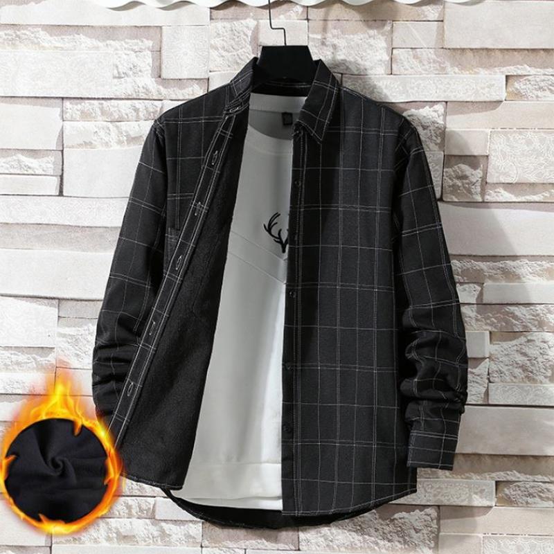 Men's Warm Shirt Autumn and Winter Plaid Plus Velvet Padded Shirt Long-sleeved Hong Kong Style Youth