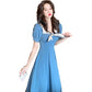 Female French Retro Elegant High Waist Small Knee Dress Navy Neck Bubble Sleeve Medium Length Slim Dress